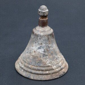 Antique Vintage Primitive Small Handheld Metal Rustic Bell - Unique - Works!